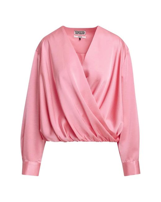Essentiel Antwerp Pink Kolkwitzia Wrap-Style Deep V-Neck Blouse