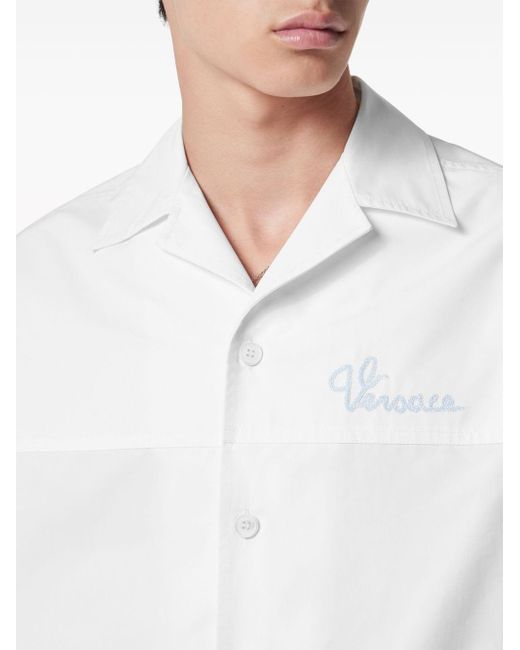 Versace White Logo-embroidered Short-sleeve Shirt for men
