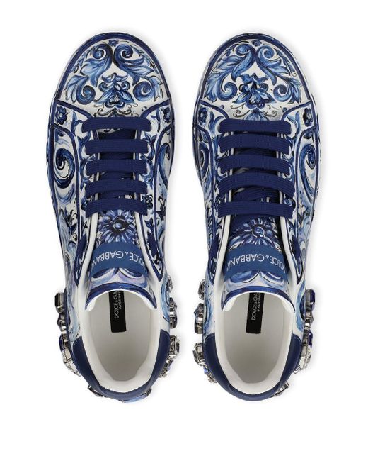 Dolce & Gabbana Blue Majolica-Print Calfskin Portofino Sneakers