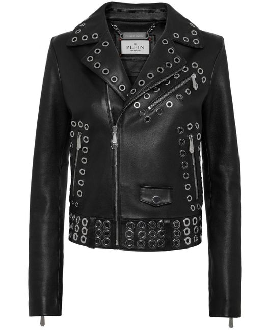 Philipp Plein Black Eyelet-embellished Leather Biker Jacket