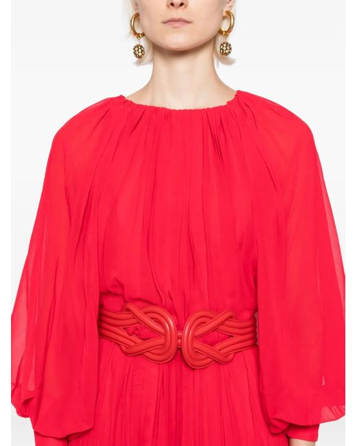 Saiid Kobeisy Red Pleated Puff-Sleeve Dress