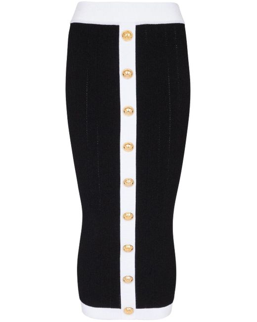 Balmain Black Noir / Blanc Midi Knit Skirt