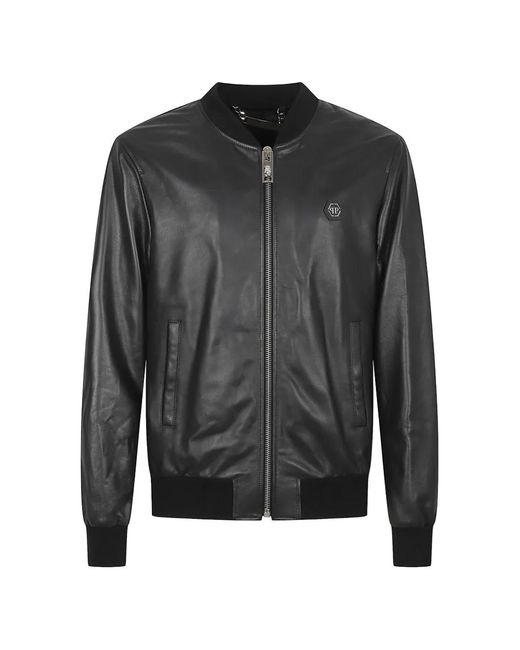 Philipp Plein Black Leather Bomber Jacket for men