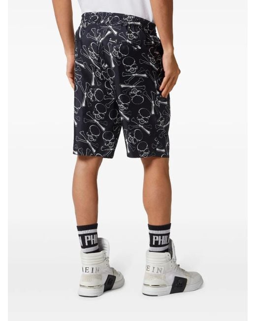Philipp Plein Blue Skull-Print Silk Shorts for men