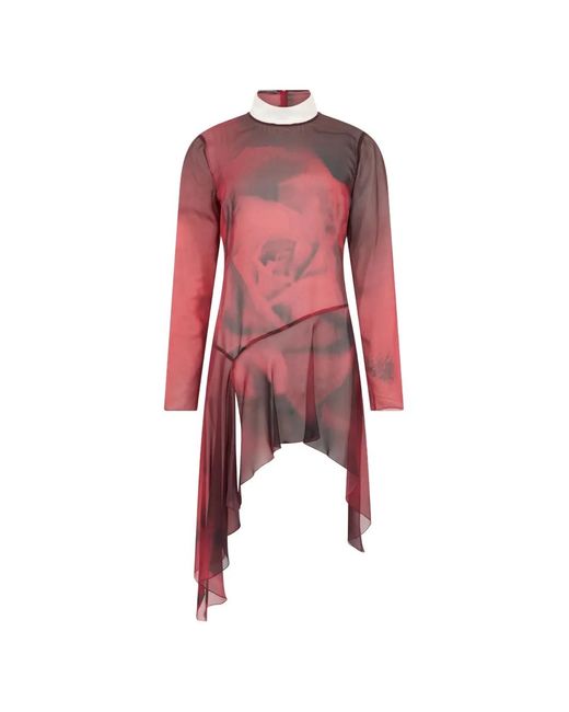 Alberta Ferretti Red Asymmetrical Long-Sleeve Dress
