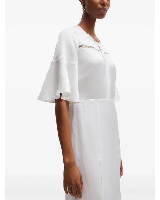 Boss White Perforated Linen Blend Flared Midi Dress
