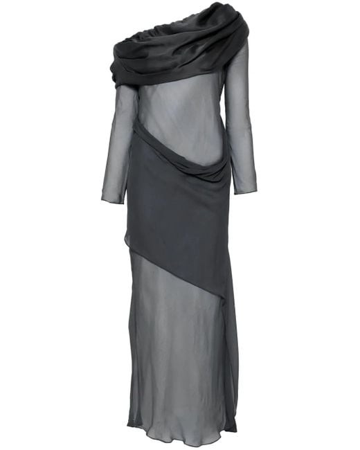 Christopher Esber Gray Silk Organza Off-Shoulder Maxi Dress
