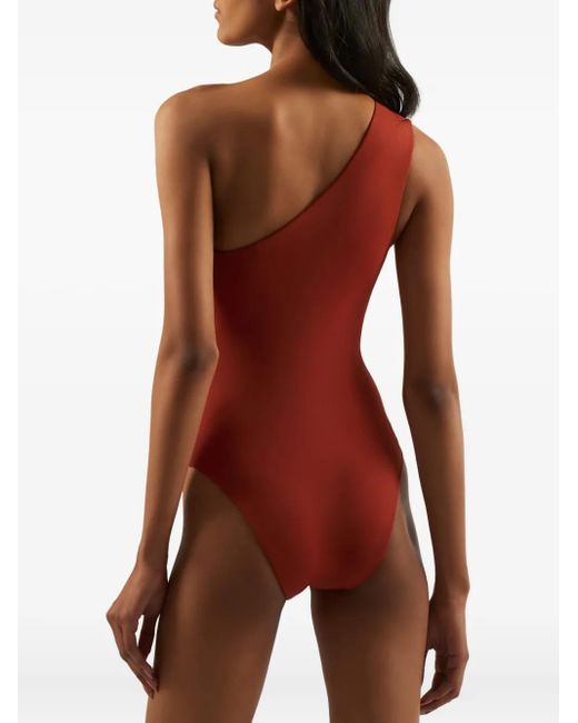 ‎Taller Marmo Red Yacare One-Shoulder Fringed Swimsuit