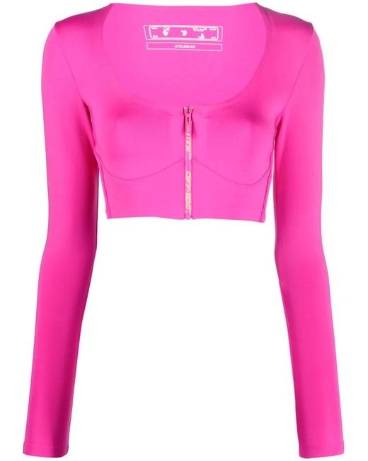 Off-White c/o Virgil Abloh Pink Zip-Logo Long-Sleeve Crop Top