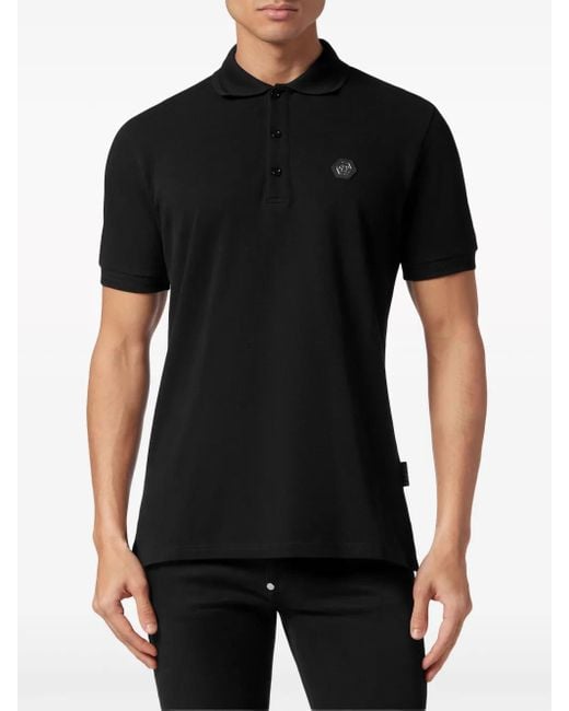 Philipp Plein Black Skull-Print Rhinestone-Embellished Polo Shirt for men