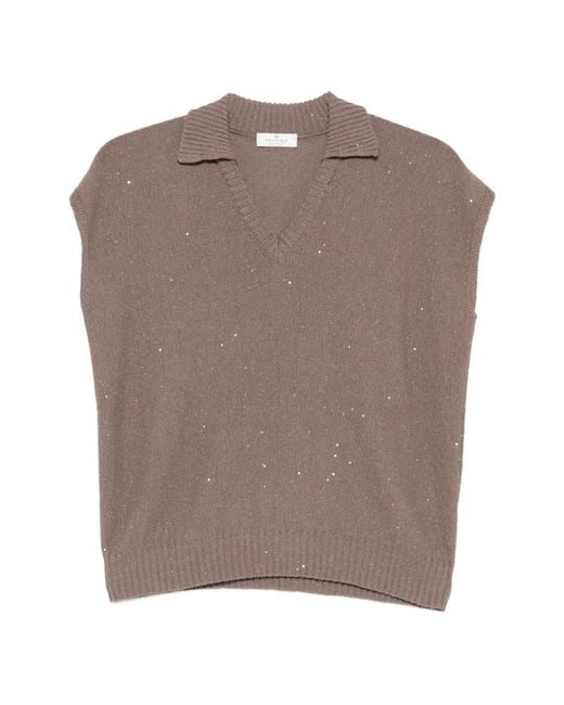 Panicale Brown Sequin-Embellished V-Neck Top