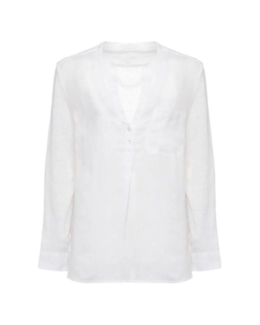 120% Lino White Chest-Pocket Long-Sleeve Blouse
