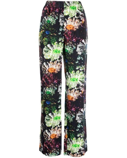 Stine Goya Green Fatou Floral-print Satin Trousers