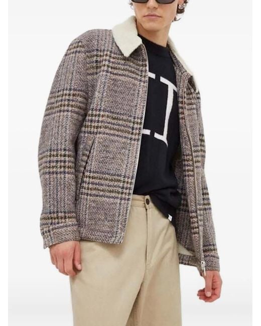 Drykorn Gray Faux Shearling-Collar Checked Jacket for men