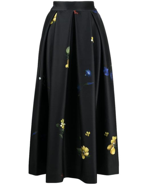 Elie Saab Black Floral-print Scuba-jersey Midi Skirt