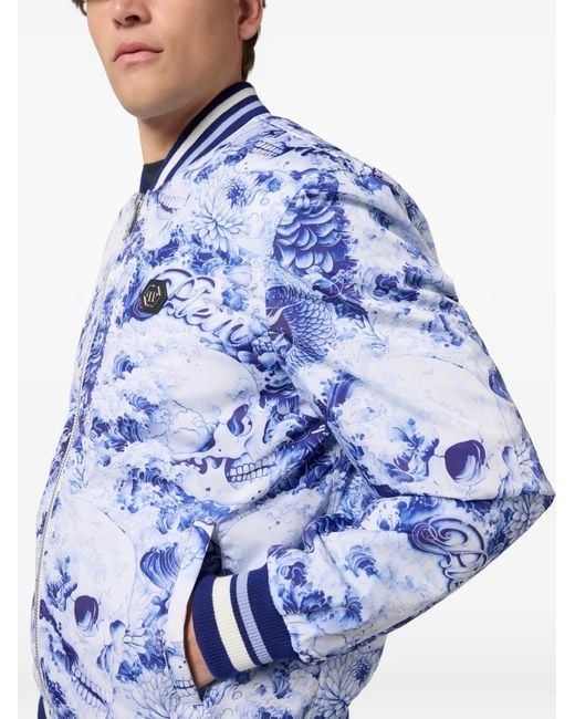 Philipp Plein Blue Floral Skull Bomber Jacket for men