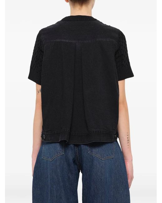 Sacai Black Cable-Knit Hybrid-Denim Sweater