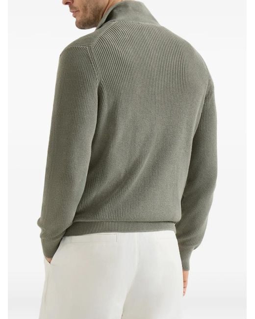 Brunello Cucinelli Green Cardigan Demi-Côtes Anglaises En Coton À Fermeture Éclair for men