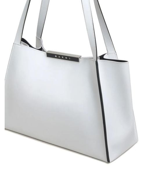 Marni White Leather Cresta E/W Small Tote Bag