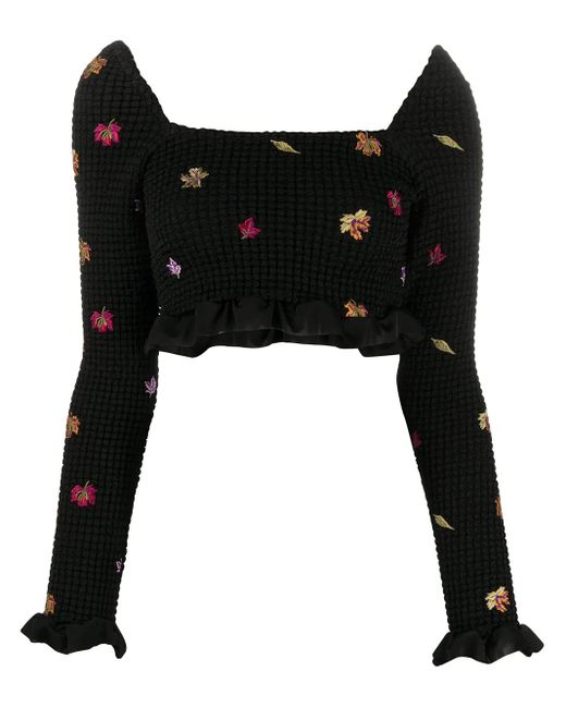Off-White c/o Virgil Abloh Black Embroidered-Leaves Cropped Top