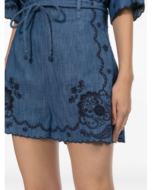 Zimmermann Blue Embroidered Scalloped-Edge Shorts