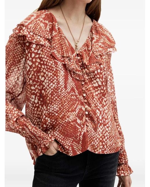 AllSaints Red Phoebe Ruffle-Detail Snake-Print Top