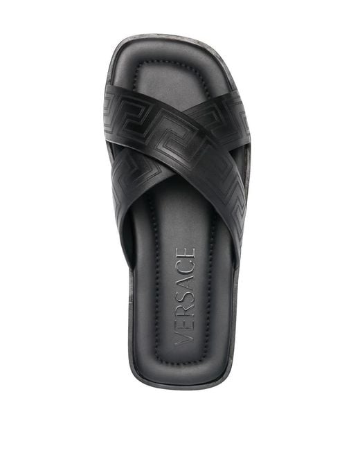 Versace Black Greca Leather Slides for men