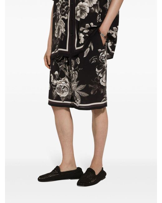 Dolce & Gabbana Black Floral-print Silk Track Shorts for men