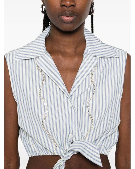 Sandro White Cropped Striped Rhinestone Shirt