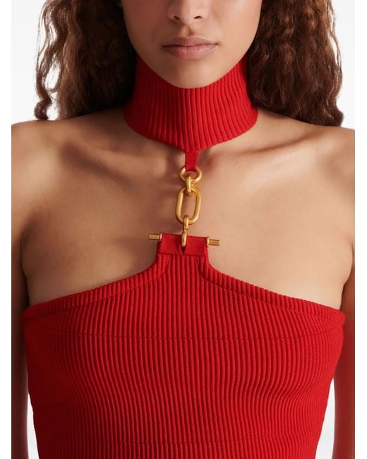 Balmain Red Sleeveless Knit Top With Embellished Detail
