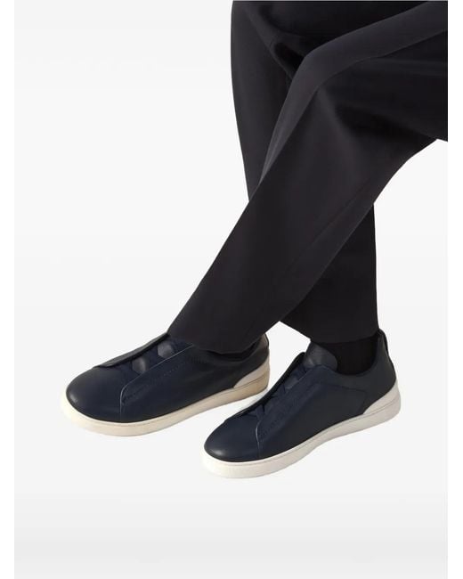 Zegna Blue Triple Stitch Leather Sneakers for men