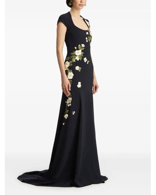 Oscar de la Renta Blue Floral-Embroidered Evening Dress