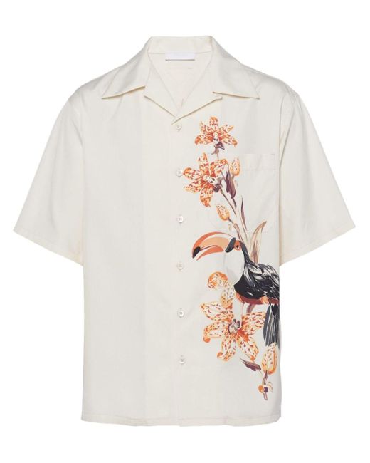 Prada White Floral-print Silk Shirt for men