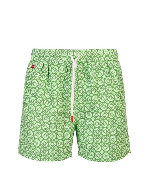 Kiton Green Floral-Print Swim Shorts for men