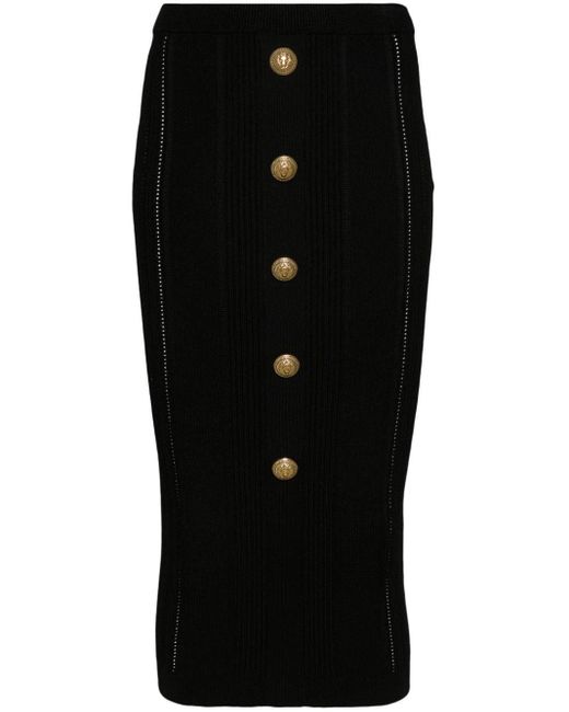 Balmain Black Buttoned Knitted Midi Pencil Skirt