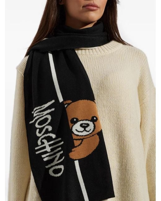 Moschino Black Teddy Bear Intarsia-Knit Scarf