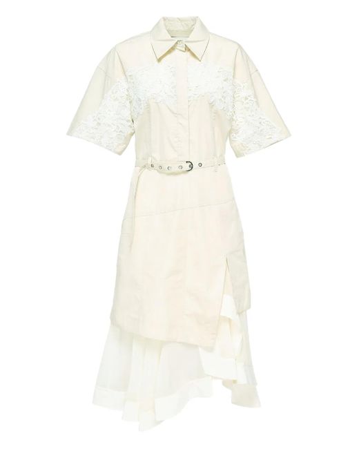 3.1 Phillip Lim White Lace-Panel Belted Shirt Dress