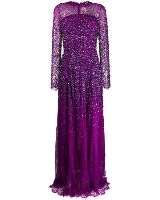 ESCADA Purple Sequin Embroidered Sheer Evening Dress