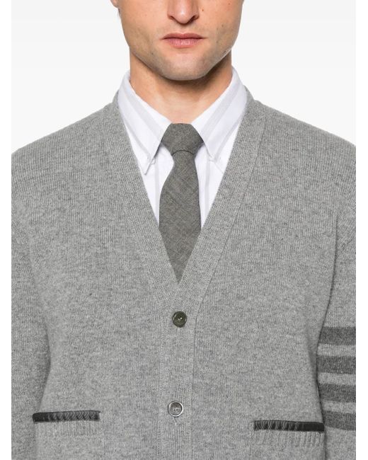 Thom Browne Gray V-Neck Wool Cardigan With Button-Down Front And Striped Accents for men