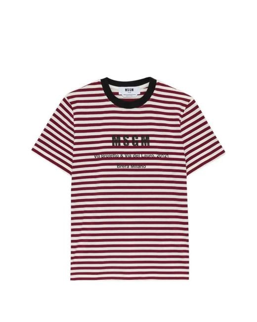 MSGM Red Striped Crew Neck T-Shirt