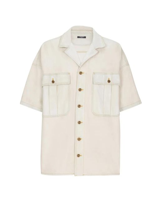 Balmain White Topstitched Short-Sleeve Shirt for men