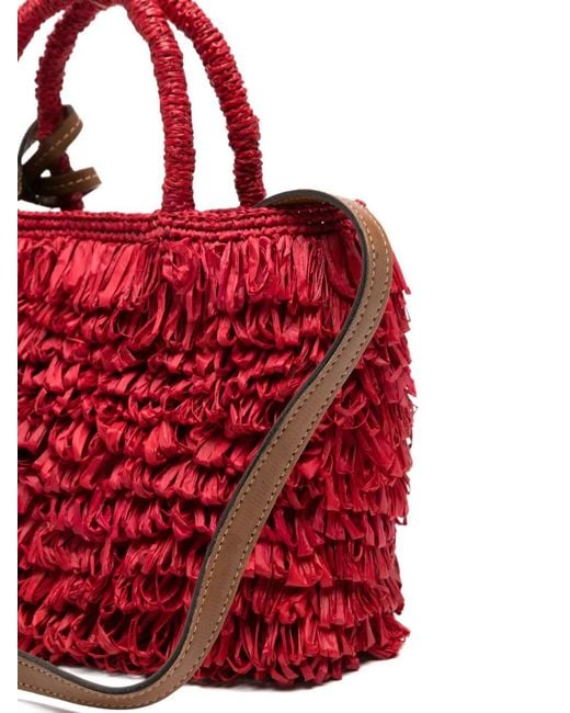 AFAR Red Fringed Raffia Tote Bag