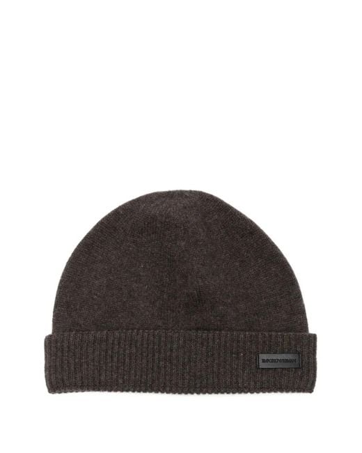 Emporio Armani Black Ribbed-Knit Cashmere Beanie for men