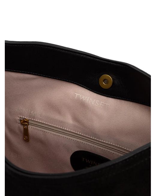 Twinset Black Suede Leather-Trim Tote Bag