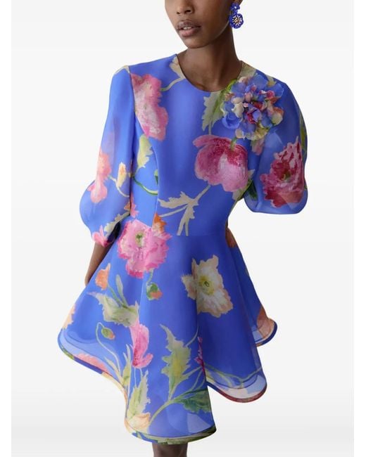 Carolina Herrera Blue Poppy-Print Organza Mini Dress