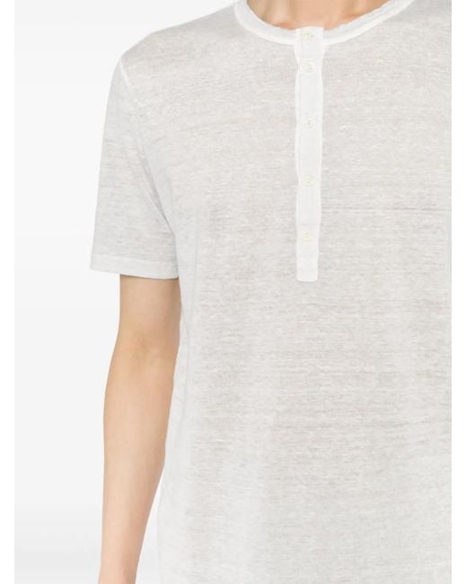 120% Lino White Button-Placket Linen T-Shirt for men