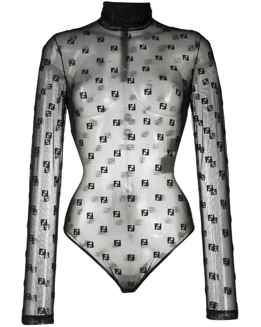Fendi Black Ff-logo Sheer Bodysuit