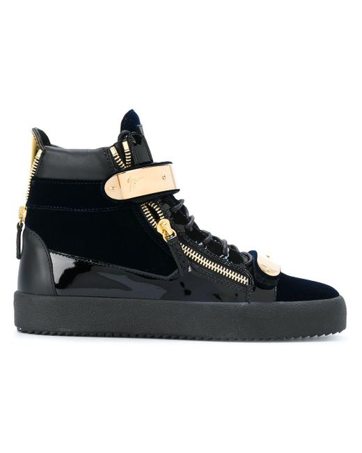 navy blue and gold sneakers