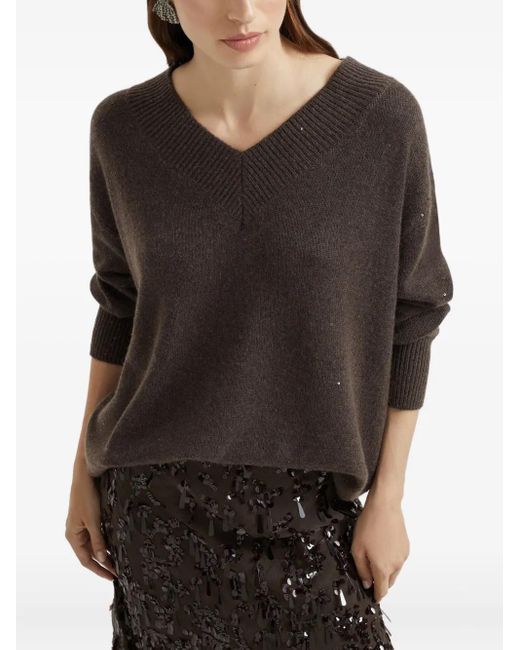 Brunello Cucinelli Brown Sequin-Embellished V-Neck Sweater