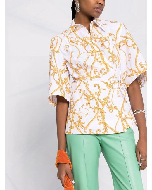 Ganni White Patterned Short-Sleeved Shirt